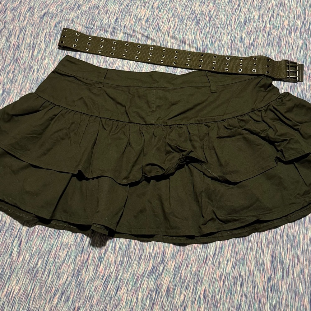 Social Collision Army Green Ruffled Skirt with Belt